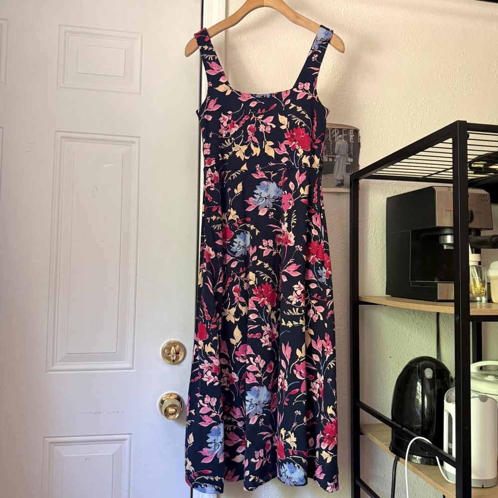 PACT navy blue multicolor floral square neck organic cotton midi dress